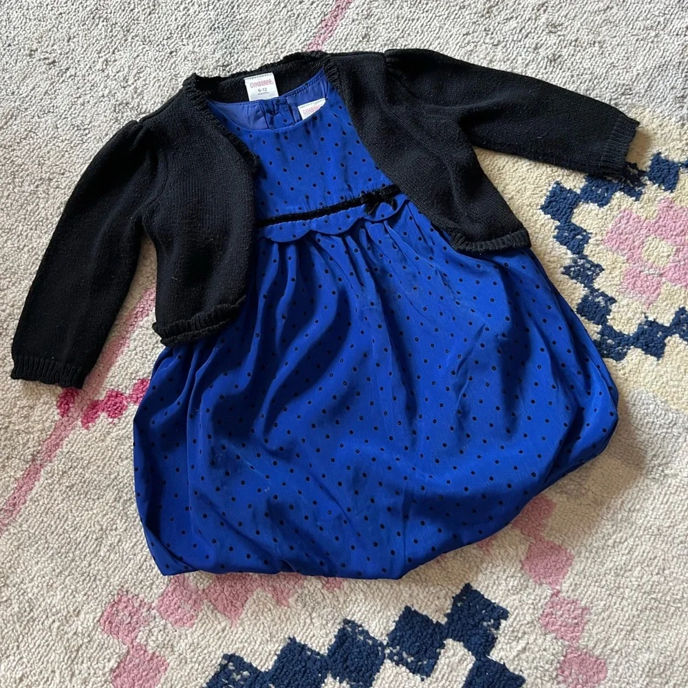 Gymboree Royal Blue Baby Girl Christmas Dress With Black Sweater Size 6-12 Month